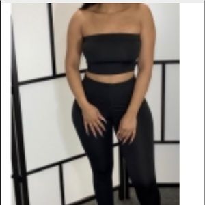 Shoulder black two piece pants set